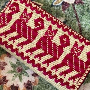 CATS! Handwoven Embroidered Zip-Around Wallet – Red & Natural Textile
